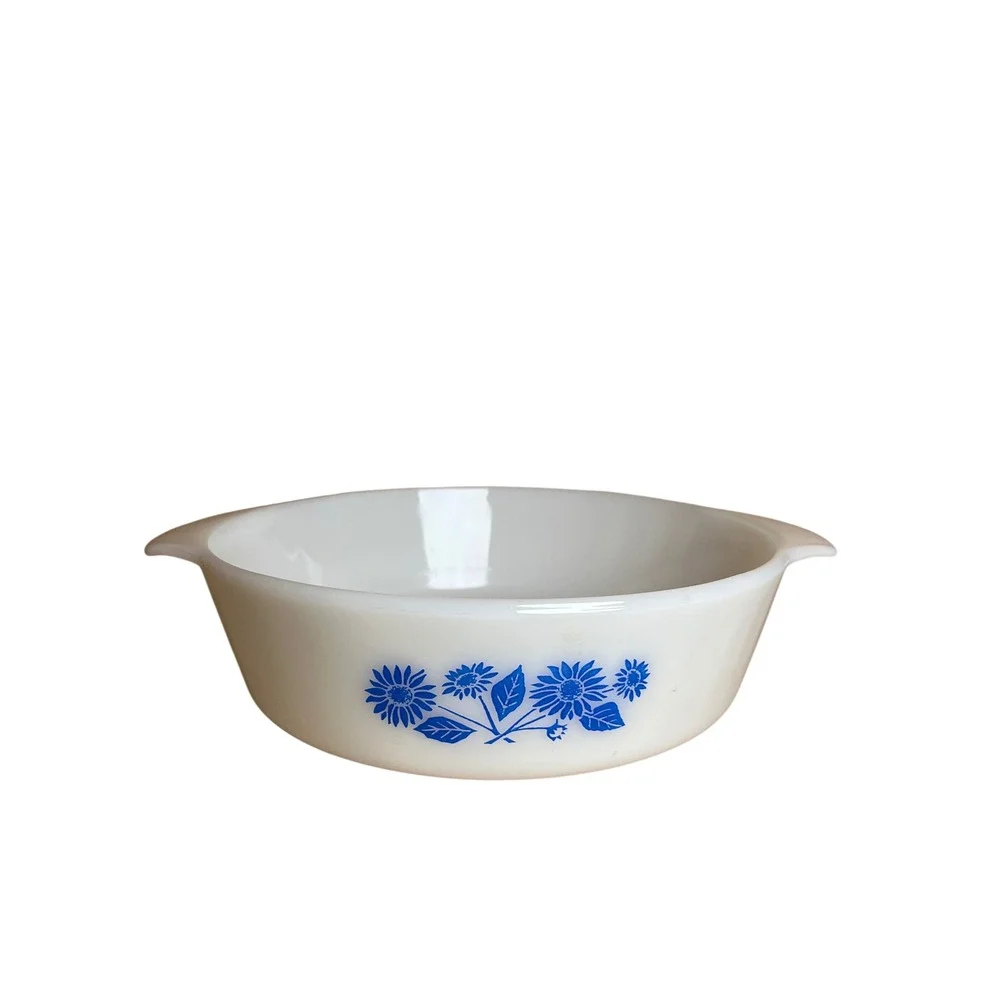 Vintage Anchor Hocking Fire-King Blue Floral Milk Glass Dish 438 Oven Proof MCM